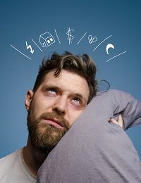 Man with pillow and thought icons
