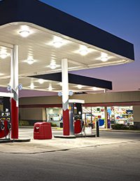 Evening view of a fuel station