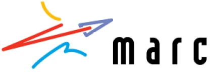 Colorful abstract logo with "marc" text