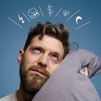Man with pillow and thought icons